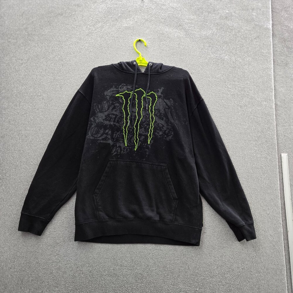 VINTAGE Monster Energy Men Hoodie L Black Embroidered Y2K‎ Fleece Logo Pullover